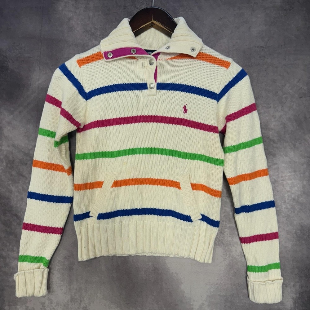 Vintage Ralph Lauren Sweater Youth Large Multicolor Stripe Mock Neck Knit Japan